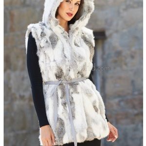 Dakota Chinchilla Grey Rabbit Fur Vest/Hood & Belt